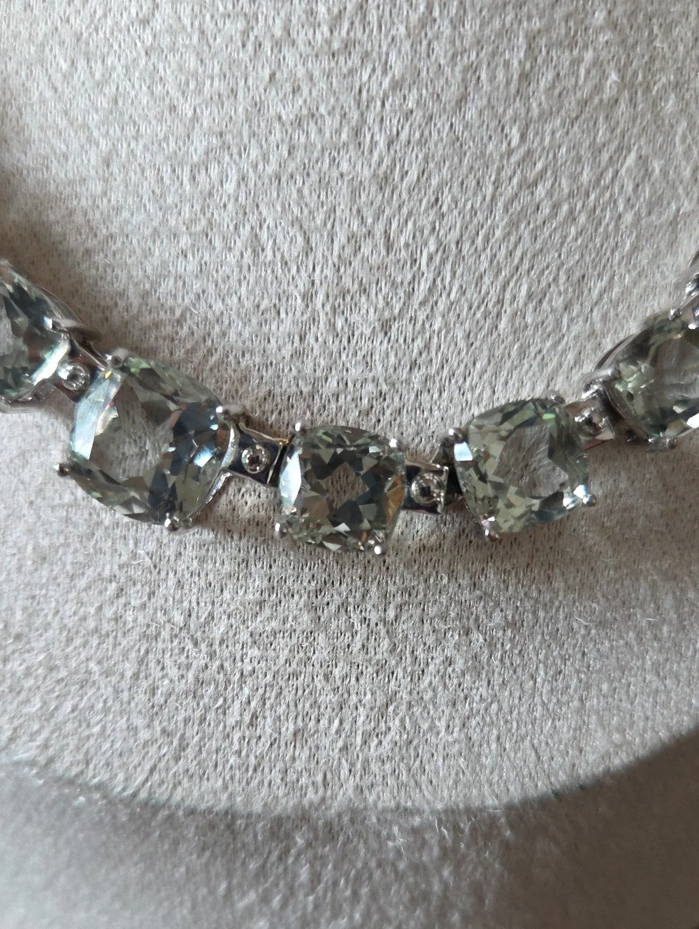 Geniune Prasiolite And Sterling Silver Necklace Graduated ,Faceted Stones EUC